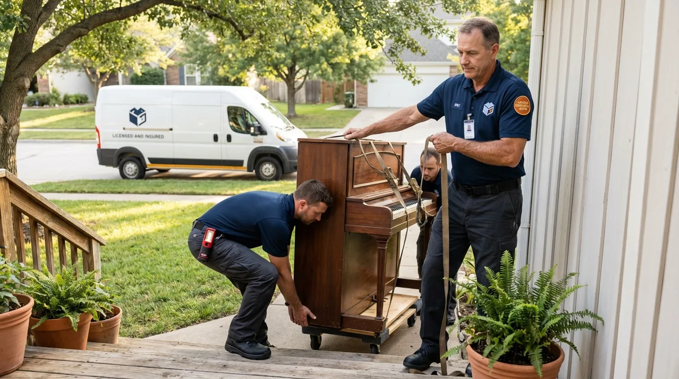 Licensed piano movers securing grand piano in Oxford, PA