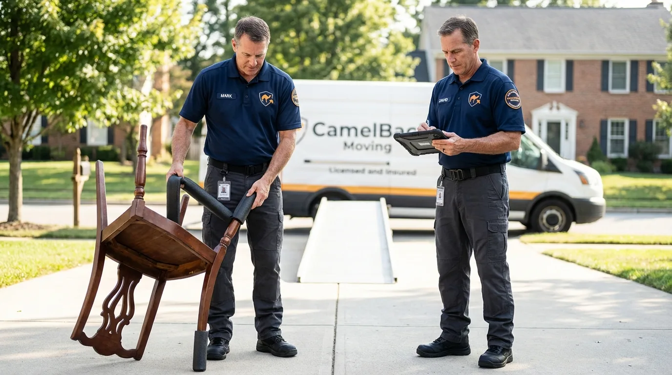 Movers inspecting furniture for damage prevention before loading in Oxford, PA