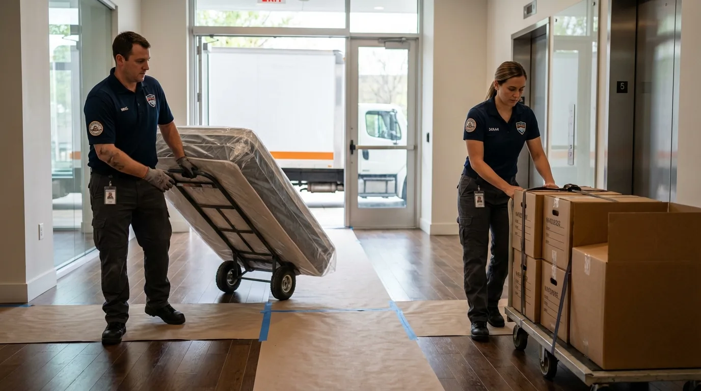 Professional apartment movers loading elevator in Oxford, PA